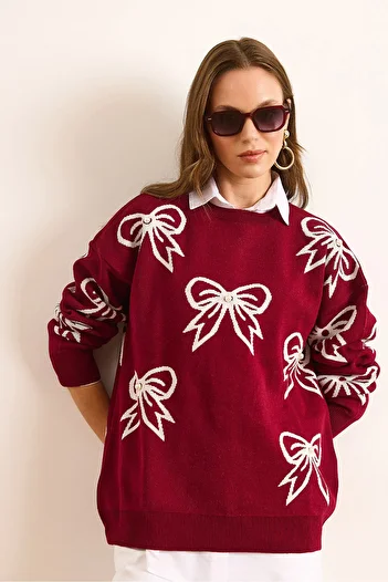 Olalook Women's Burgundy Bow Detailed Oversize Knitwear Sweater Kzk-19000971