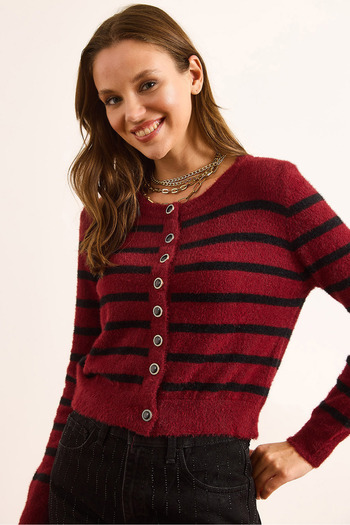 Olalook Women's Burgundy Striped Button Detailed Soft Textured Beard Cardigan Hrk-19000367