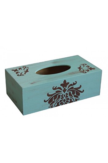 Decoratiuni Vintage Casa Retro Cutie din lemn pentru servetele, pictata manual, albastru cu maro, 13 x 25 cm