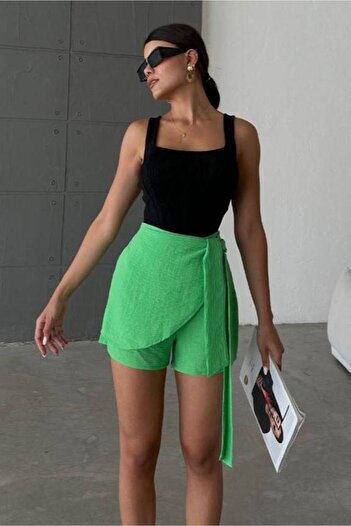 Baby xclub Green Linen Tie Detail High Waist Slim Casual Zipper Stylish Trendy Summer Mini Shorts Skirt