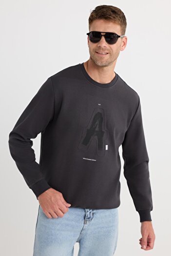 Tudors Unisex Relax Fit Cotton Soft Textured Crew Neck Printed Anthracite Sweatshirt with Fleece Inside