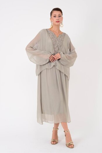 Park Moda Sn780 Sequence Embosed Collar Detail Silk Dress