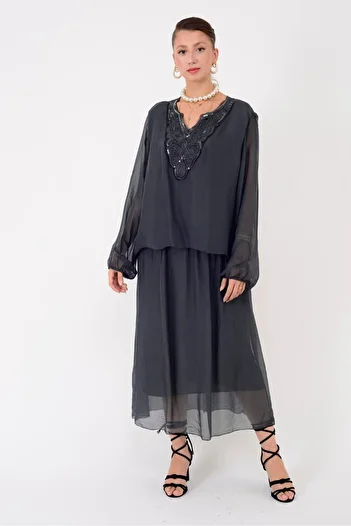 Park Moda Sn780 Sequence Embosed Collar Detail Silk Dress