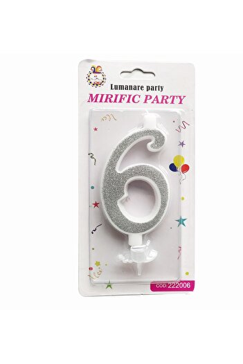 SDX Market Cake candle, number 6, Silver with glitter