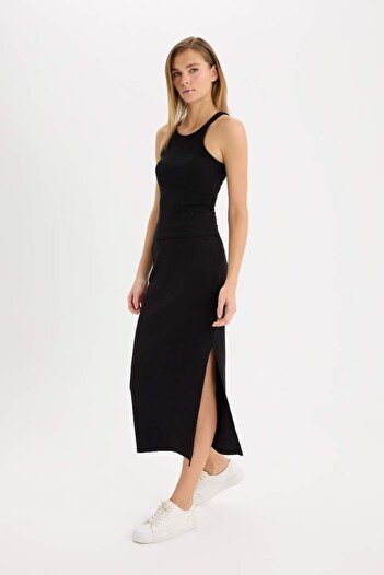 DeFacto Saran Black Midi Camisole Skirt with Slit - Ribbed E2247Ax25Sp