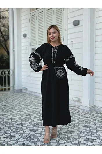 369 etnik butik Embroidery Detailed Long Sleeve Midi Dress