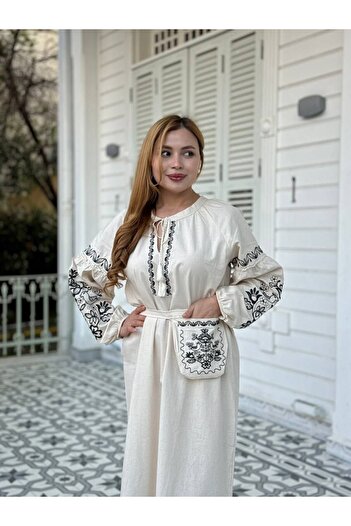 369 etnik butik Embroidery Detailed Long Sleeve Midi Dress