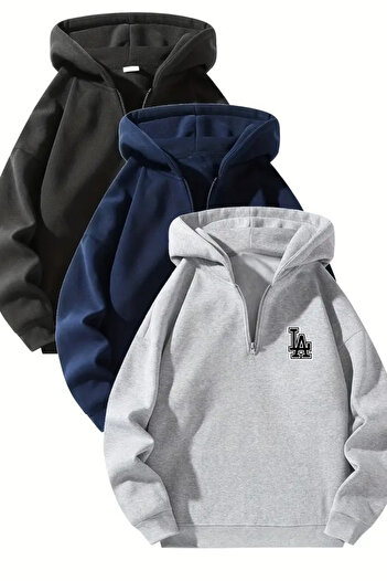 CLAYES Unisex Zippered Hooded Oversize La Printed Sweatshirt – Black / Navy Blue / Gray