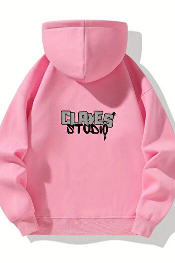 CLAYES Unisex Zippered Hooded Oversize Design Printed Sweatshirt – Gray / Navy Blue / Pink