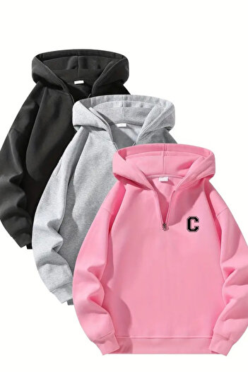 CLAYES Unisex Zippered Hooded Oversize C Printed Sweatshirt – Black / Gray / Pink