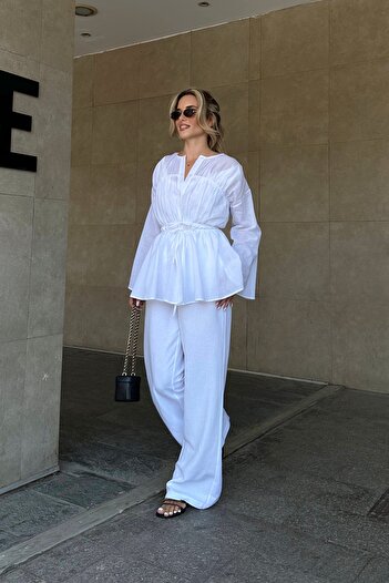 Laluvia Voile Linen Shirt with White Waist Detail