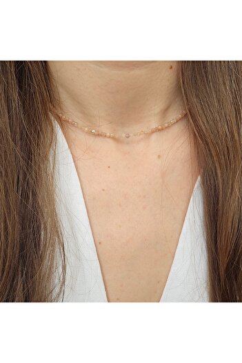 Abundo Basics necklace made of natural sunstone spheres with 925 silver accessories, 40 cm