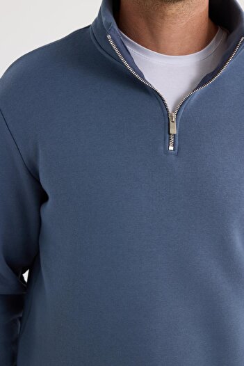 Tudors Φούτερ Unisex Relax Fit Άνετο Κομμένο Βαμβακερό Φλις με μισό φερμουάρ μπλε όρθιο γιακά