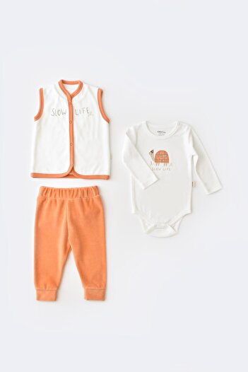Magu Unisex Baby Organic Velvet Cotton Turtle Patterned Bottom-Top Set - Body Vest Pants