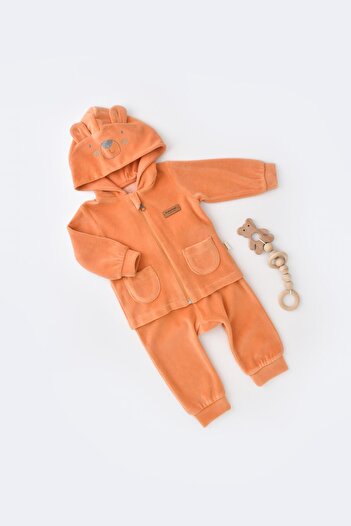 Magu Unisex Baby Organic Velvet Teddy Bear Hooded Bottom-Top Set - Zippered Sweat Pants