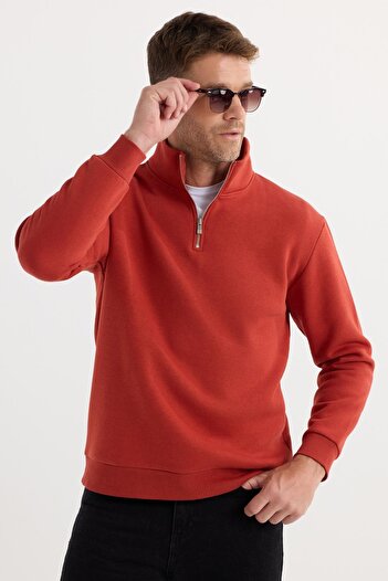Tudors Unisex Relax Fit Relaxed Cut Cotton Fleece Inside Half Zip Red Stand Collar Sweatshirt
