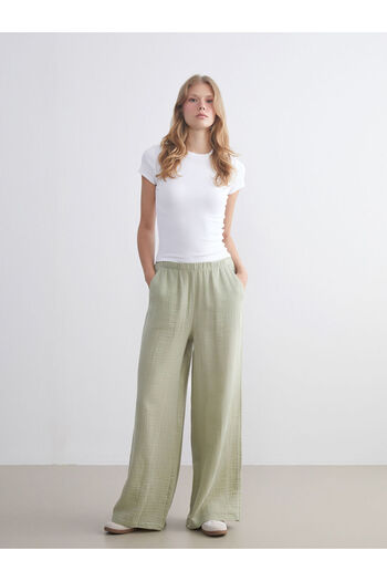 LC Waikiki Khaki Elastic Waist Textured Muslin Women's Trousers