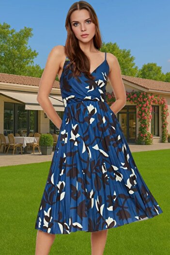 PayBuy Women's Pleated Midi Dress Floral Print V Neck Thin Strap Summer Casual Summer Essential
