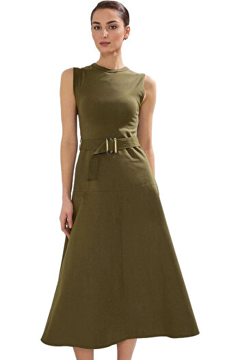PayBuy Rochie Midi din Gabardină A-Line pentru damă, cu centură, bumbac, ocazional, elegantă, weekend, material de calitate