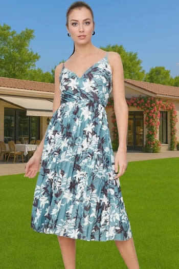 PayBuy Women's Pleated Midi Dress Floral Print V Neck Thin Strap Summer Casual Summer Essential