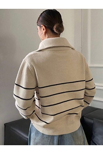miyoshi Trucker Collar Black Striped Women's Cardigan