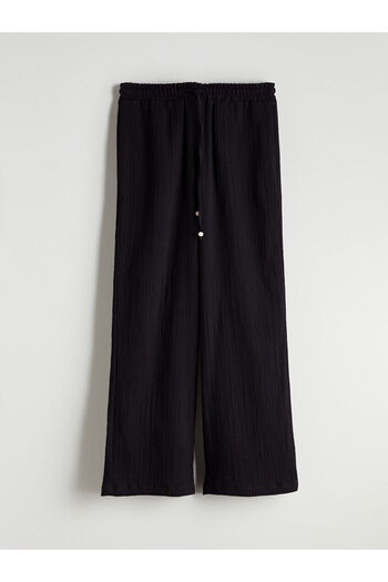 LC Waikiki Black Textured Muslin Women's Trousers with Elastic Waist