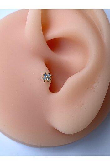 kurukafagift Çelik Piercing Mavi Zirkon Taşlı Çiçek Mini Figürlü Tragus Helix Kıkırdak Küpe 8 mm