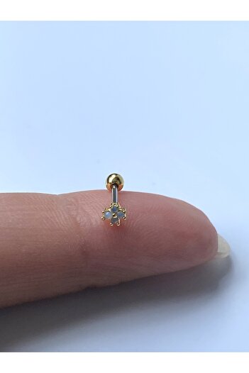 kurukafagift Çelik Piercing Mavi Zirkon Taşlı Çiçek Mini Figürlü Tragus Helix Kıkırdak Küpe 8 mm