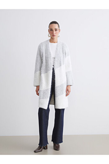LC Waikiki Gray Shawl Collar Color Block Women's Knitwear Cardigan