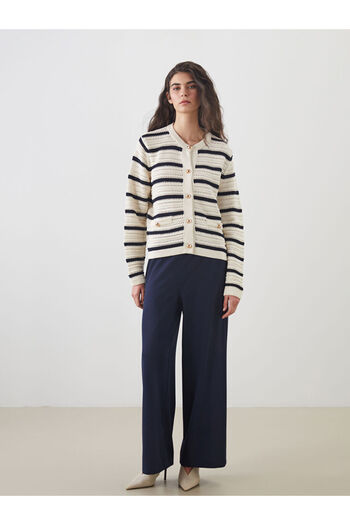 LC Waikiki Navy Blue Crew Neck Striped Women's Knitwear Cardigan