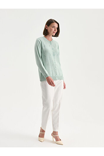 LC Waikiki Green Crew Neck Women's Knitwear Cardigan