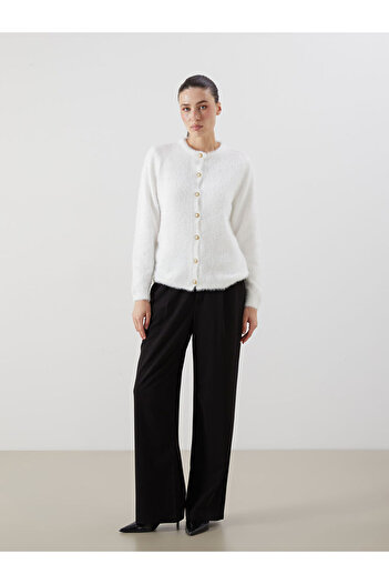 LC Waikiki Ecru Crew Neck Women's Knitwear Cardigan