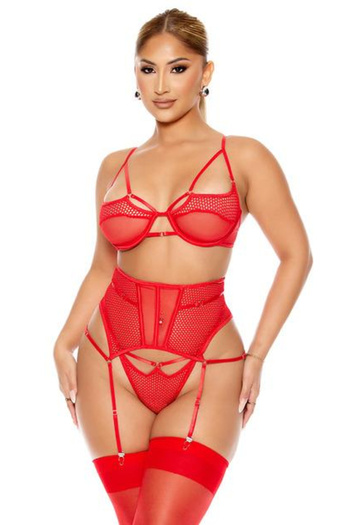 Secretsita Fancy Mesh Tulle Detailed Red Garter Suit