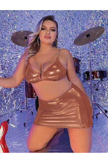 Secretsita Plus Size Brown Leather Fancy Suit with Chain Accessories and Skirt