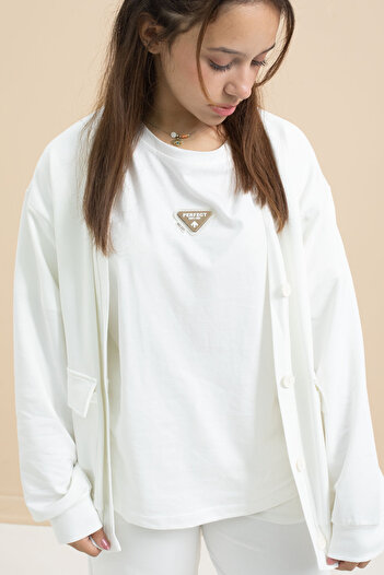 Cansın Mini White Logo Detailed Buttoned Cardigan Girl's Slit 3-Piece Horse-Top Set 21375