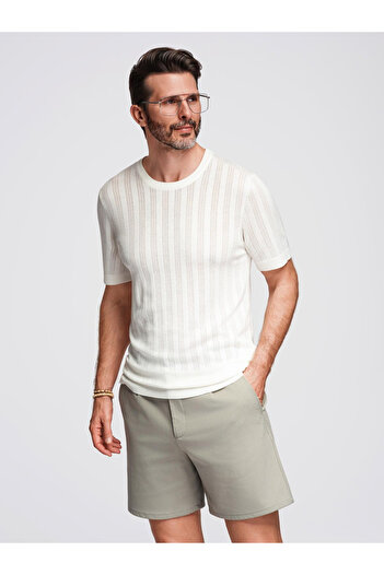 OMBRE Durchbrochener Herrenpullover mit Rundhalsausschnitt und kurzen Ärmeln - weiß V1 OM-TSCT-0251