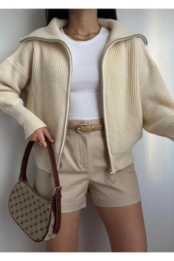 NZL TEKSTİL Dgn's Collar with Zippered Sleeves Tight Women's Knitwear Cardigan - Jacket