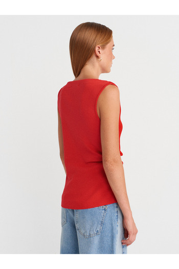Dilvin 10778 Boat Neck Draped Slim Knitwear Blouse-Red