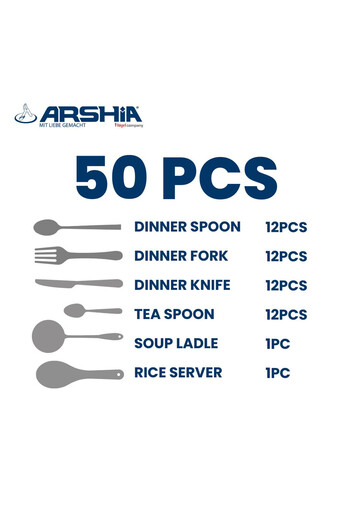 Arshia Arshia German Luxury Stainless Steel Cutlery Set, 50 Pieces, Silver + Free Gift