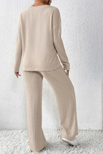 VBSVİBES Unisex Beige Report Interlock Fabric Tracksuit Set – Άνετο για το σπίτι και καθημερινά