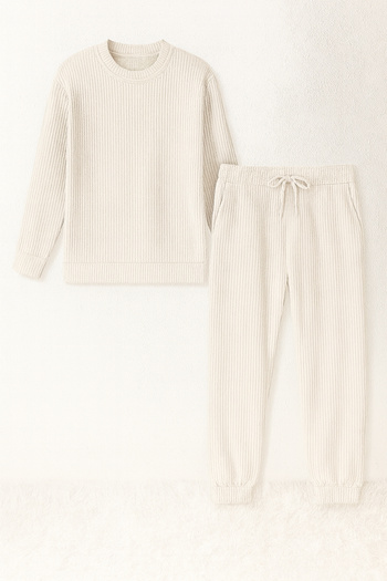 CLAYES Unisex Beige Waffle Fabric Tracksuit Set – Comfortable Home and Daily Wear