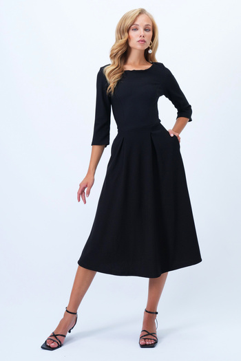 Trend Alaçatı Stili Women's Black Boat Neck Three Quarter Sleeve Pleat Detailed Double Pocket Midi Length Flared Dress Alc-X14359