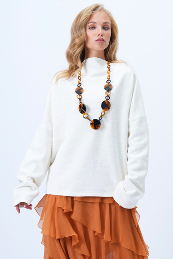 Trend Alaçatı Stili Women's Ecru Wide Stand Collar Self Textured Low Sleeve Oversize Blouse Alc-X14369