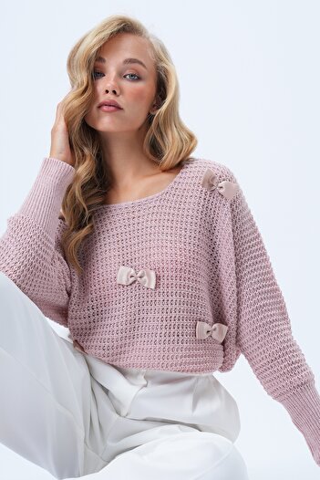 Trend Alaçatı Stili Women's Powder Pink Crew Neck Bow Detailed Knitwear Blouse Alc-X14373
