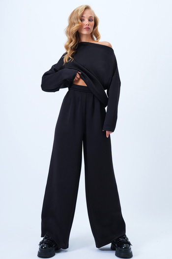 Trend Alaçatı Stili Schwarzes Damen-Set mit lockerer Passform, Bluse und Hose mit breitem Kragen, Alc-X14413