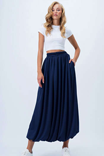 Trend Alaçatı Stili Women's Navy Blue Double Pocket Lined Maxi Size Bubble Skirt Alc-X14348