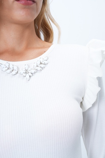 Trend Alaçatı Stili Women's Ecru Crew Neck Sleeve Ruffled Stone Embroidered Camisole Blouse Alc-X14386