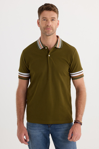 Tudors Men's Slim Fit Slim Fit 100% Cotton Solid Pique Collar and Sleeve Detail Dark Khaki Polo Neck T-Shirt