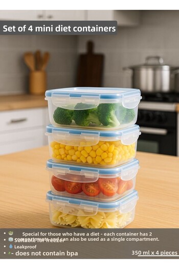 Jet's Home Set of 4 Mini Diet Containers Bpa Free Airtight Storage Container Food Box with Removable Compartment 350 ml