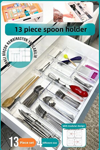 FİTHOME 13-Piece Modular Cutlery and Drawer Organizer Clear Organizer Two Drawer Can Be Used